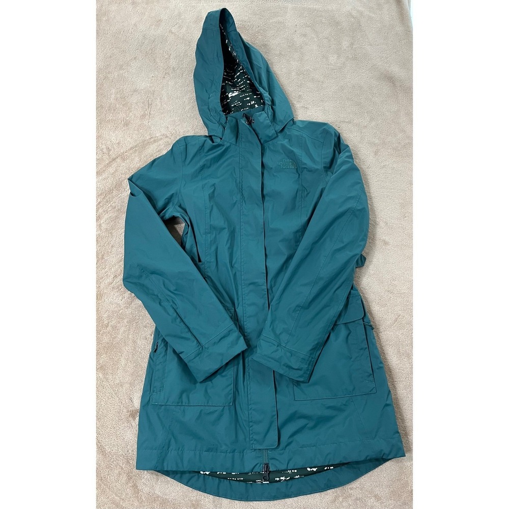 The North Face Hooded Jacket Womens S Teal Green Full Rain Parka Winter Long EUC